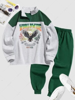 Men's Colorblock Letter Eagle Pattern Half Zip Stand Collar Fleece-lined Pullover Sweatshirt And Drawstring Sweatpants Set - Deep Green
