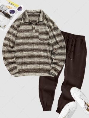 Men's Colorblock Half Buttoned Pocket Design Polo Collar Long Sleeve Pullover Knit Sweatshirt And Thermal Fleece-lined Sweatpants Set - Deep Coffee