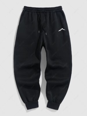 Alternative view of Men's Minimalist Style Mountain Graphic Pattern Fuzzy Fleece-lined Drawstring Jogger Sweatpants - Black 2xl