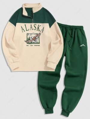 Alternative view of Men's ALASKA Graphic Eagle Printed Colorblock Fleece Quarter Zip Sweatshirt And Mountain Pattern Drawstring Jogger Sweatpants Set - Green