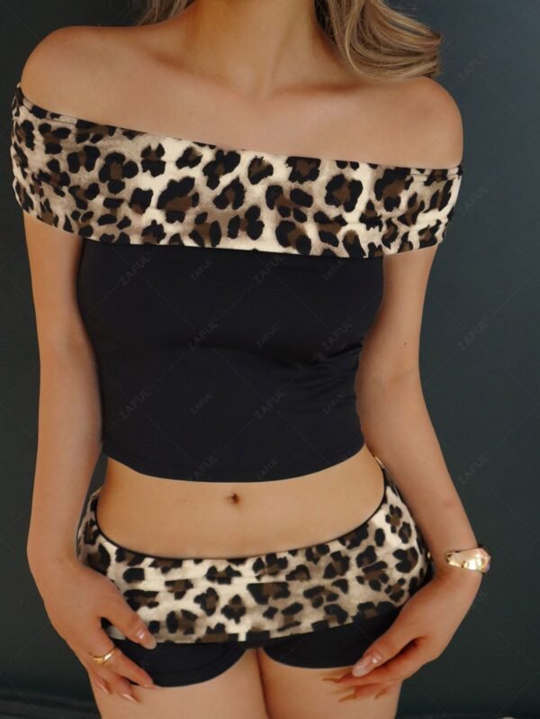 Women's Leopard Print Spliced Off Shoulder Crop Top And Micro Mini Shorts Set - Black