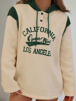 Alternative view of ZAFUL Women's Daily Casual Snap Button Drawstring Letter LOS ANGELES CALIFORNIA Graphic Printed Colorblock Thermal Fleece Lined Pullover Hoodie - Green M