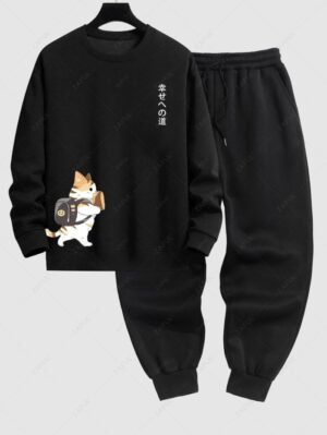 Alternative view of Men's Japanese Cat Graphic Printed Crew Neck Pullover Sweatshirt And Thermal Fleece-lined Sweatpants Set - Black