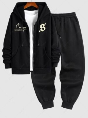 Men's Gothic Style Los Angeles Letter Cross Graphic Pattern Fuzzy Fleece-lined Zip Up Hoodie And Casual Sweatpants Set - Black
