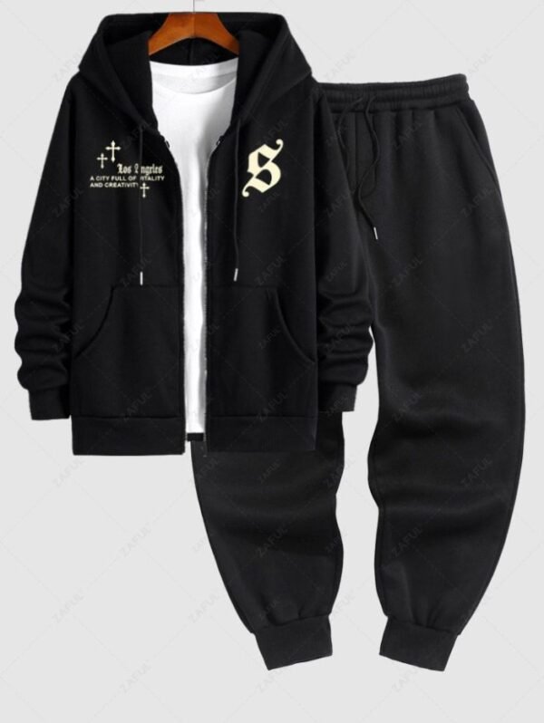 Men's Gothic Style Los Angeles Letter Cross Graphic Pattern Fuzzy Fleece-lined Zip Up Hoodie And Casual Sweatpants Set - Black
