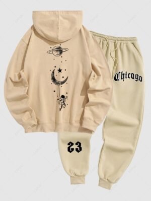 Alternative view of Men's Moon Star Planet Pattern Kangaroo Pocket Pullover Hoodie And Letter Printed Fleece-lined Ribbed Beam Feet Drawstring Jogger Pants Set - Light Coffee