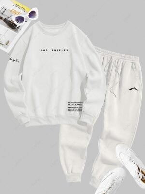 Alternative view of Men's Letter Printed Fleece-lined Crew Neck Sweatshirt And Mountain Graphic Pattern Drawstring Jogger Sweatpants Set - Crystal Cream