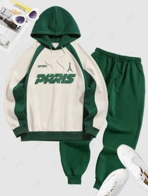 Men's Contrast Piping Letter Tower Pattern Fuzzy Fleece-lined Pullover Hoodie And Drawstring Sweatpants Set - Deep Green