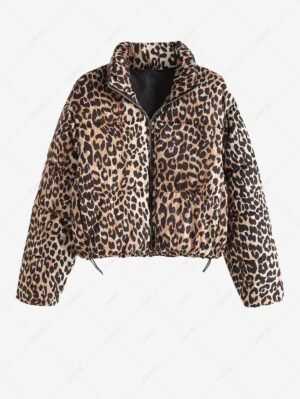 Alternative view of Women's Daily Leopard Print Zip Up Toggle Drawstring Padded Quilted Puffer Jacket - Coffee L