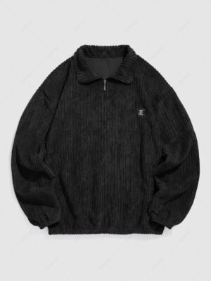 Alternative view of Men's Striped Patch Design Quarter Zip Stand Collar Corduroy Sweatshirt - Black Xl