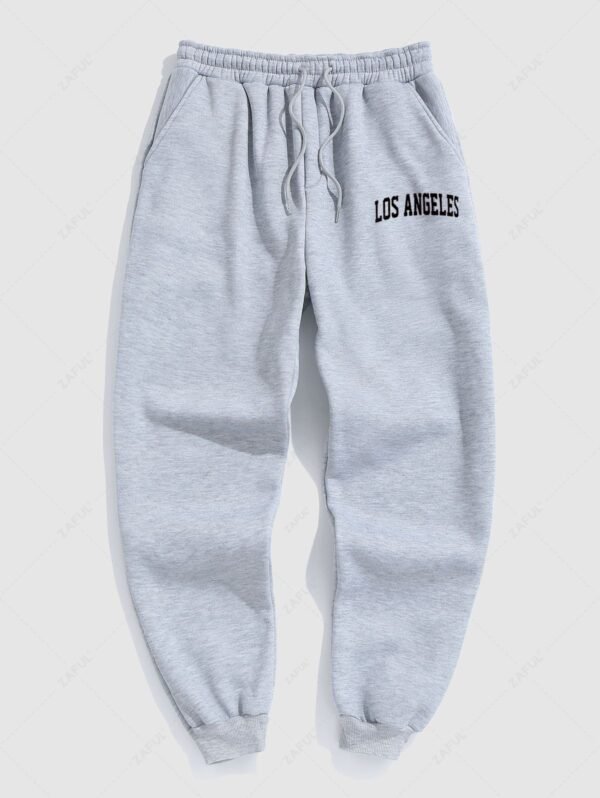 Men's Minimalist Style Letter LOS ANGELES Pattern Fuzzy Fleece-lined Drawstring Jogger Sweatpants - Gray S - Image 2