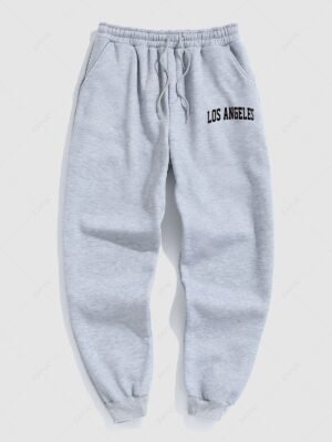 Men's Minimalist Style Letter LOS ANGELES Pattern Fuzzy Fleece-lined Drawstring Jogger Sweatpants - Gray S