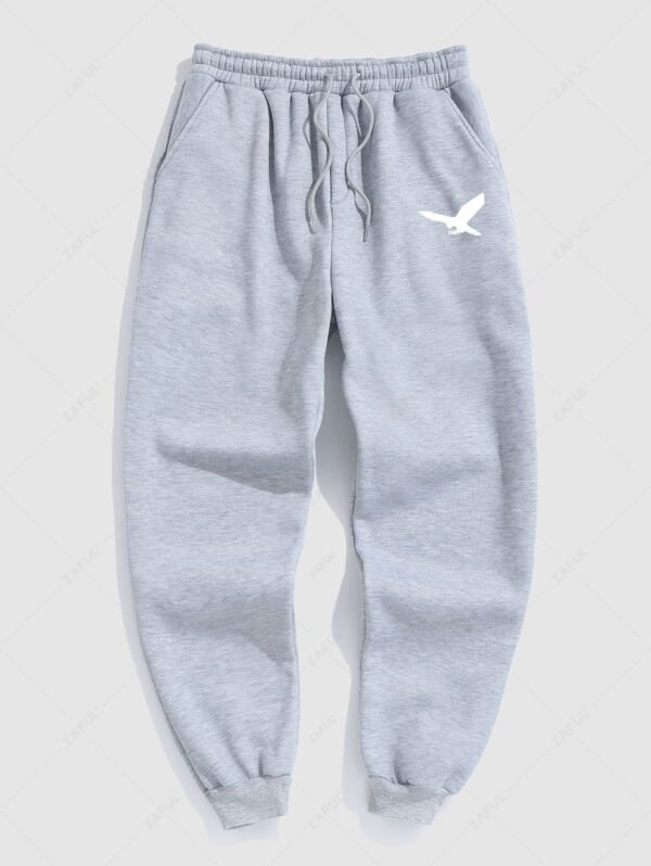 Men's Minimalist Style Bird Pattern Fuzzy Fleece-lined Drawstring Jogger Sweatpants - Gray M - Image 2
