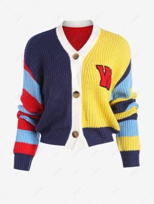 Women's Colorblock Letter Knit V Neck Button Up Drop Shoulder Long Sleeves Crop Cardigan - Multi M