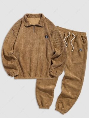 Alternative view of Men's Striped Patch Design Quarter Zip Stand Collar Corduroy Sweatshirt And Ribbed Drawstring Beam Feet Sweatpants Set - Coffee