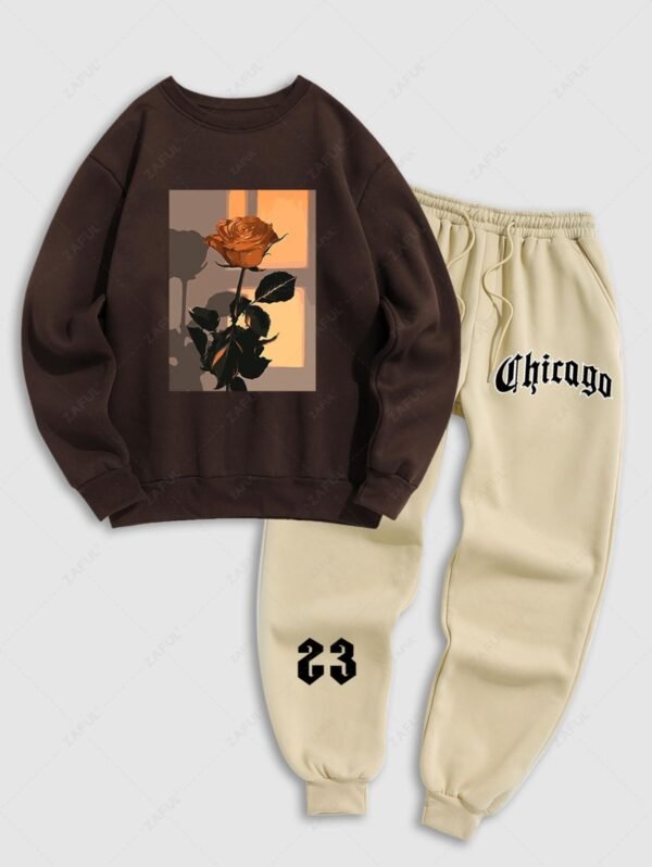 Men's Floral Rose Graphic Printed Fuzzy Fleece-lined Crew Neck Pullover Sweatshirt And Letter Print Ribbed Beam Feet Drawstring Jogger Pants Set - Deep Coffee - Image 2