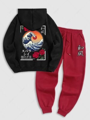 Alternative view of Men's Japanese Sea Wave Sun Rose Pattern Fuzzy Fleece-lined Kangaroo Pocket Design Pullover Hoodie And Drawstring Jogger Sweatpants Set - Black