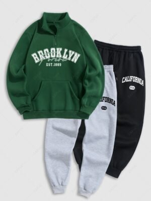 Alternative view of Men's Letter Printed Fuzzy Fleece-lined Half Zip Stand Collar Kangaroo Pocket Design Pullover Sweatshirt And 2Pcs Drawstring Jogger Sweatpants Set - Green
