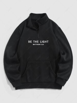 Alternative view of Men's Casual Letter Printed Fuzzy Fleece-lined Half Zip Stand Collar Kangaroo Pocket Design Pullover Sweatshirt - Black Xl