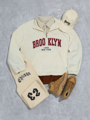 Men's Quarter Zip Letter Embroidery Polar Fleece Kangaroo Pocket Toggle Drawstring Sweatshirt And Two Tone Colorblock Long Sleeves Corduroy Shirt And Ribbed Beam Feet Jogger Pants Set - Light Coffee