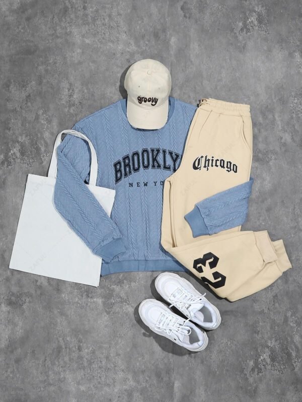 Men's Casual Letter Graphic Printed Cable Knit Jacquard Textured Crew Neck Long Sleeve Sweater And Fleece-lined Ribbed Beam Feet Drawstring Jogger Pants Set - Blue Gray - Image 2