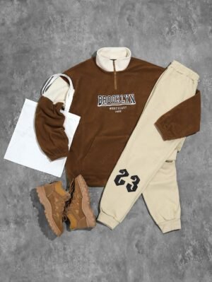 Alternative view of Men's Quarter Zip Colorblock Letter Embroidery Polar Fleece Thermal Lined Pullover Sweatshirt And Ribbed Beam Feet Drawstring Jogger Pants Set - Deep Coffee