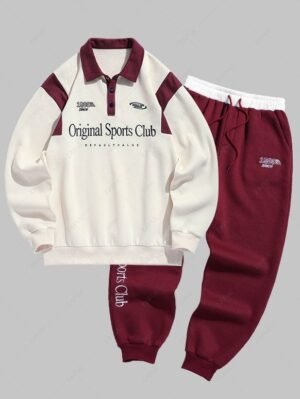 Alternative view of Men's Colorblock Letter Number Graphic Embroidered Fuzzy Fleece-lined Half Buttoned Long Sleeve Polo Collar Pullover Sweatshirt And Drawstring Jogger Pants Set - Deep Red