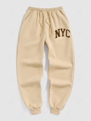 Men's Casual Letter NYC Pattern Fuzzy Fleece-lined Drawstring Jogger Sweatpants - Light Coffee Xl