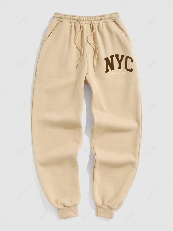 Men's Casual Letter NYC Pattern Fuzzy Fleece-lined Drawstring Jogger Sweatpants - Light Coffee Xl