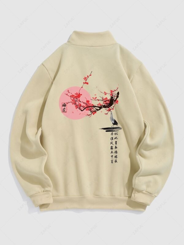 Men's Chinese Character Floral Plum Blossom Bird Printed Fuzzy Fleece-lined Half Zip Stand Collar Kangaroo Pocket Design Pullover Sweatshirt - Light Coffee S - Image 2