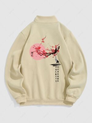 Men's Chinese Character Floral Plum Blossom Bird Printed Fuzzy Fleece-lined Half Zip Stand Collar Kangaroo Pocket Design Pullover Sweatshirt - Light Coffee S