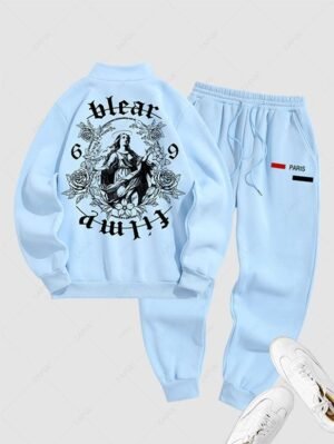Alternative view of Men's Floral Letter Figure Pattern Fleece-lined Half Zip Stand Collar Kangaroo Pocket Design Pullover Sweatshirt And Drawstring Jogger Sweatpants Set - Light Blue