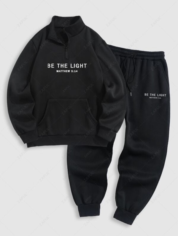 Men's Casual Letter Printed Fuzzy Fleece-lined Half Zip Stand Collar Kangaroo Pocket Design Pullover Sweatshirt And Drawstring Jogger Sweatpants Set - Black