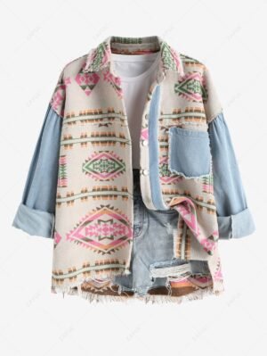 Alternative view of Women's Ethnic Aztec Print Spliced Demin Frayed Hem Single Breasted Wool Blend Jacket - Light Coffee M