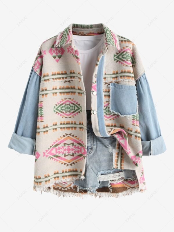 Women's Ethnic Aztec Print Spliced Demin Frayed Hem Single Breasted Wool Blend Jacket - Light Coffee M