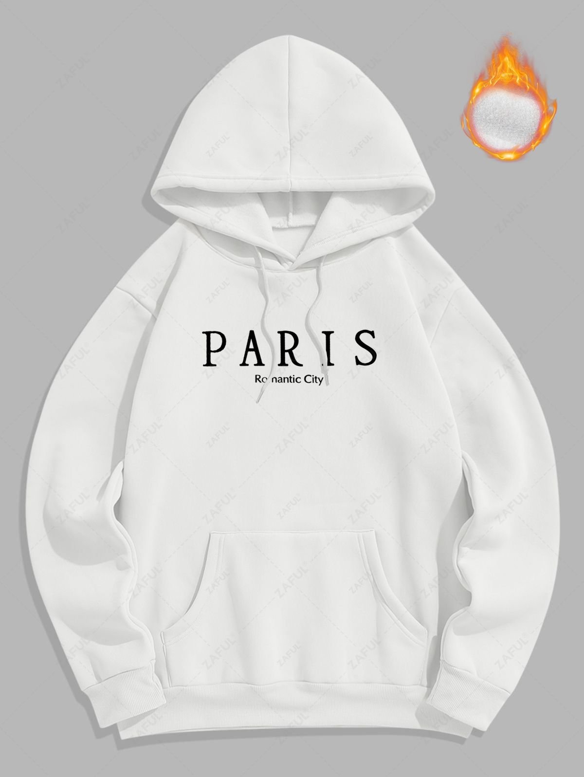 Men's Casual Letter PARIS Romantic City Pattern Fuzzy Fleece-lined Kangaroo Pocket Design Pullover Hoodie - White M
