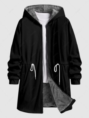 Alternative view of Men's Casual Solid Color Drawstring Waisted Zip Fly Fleece-lined Hooded Long Coat - Black S