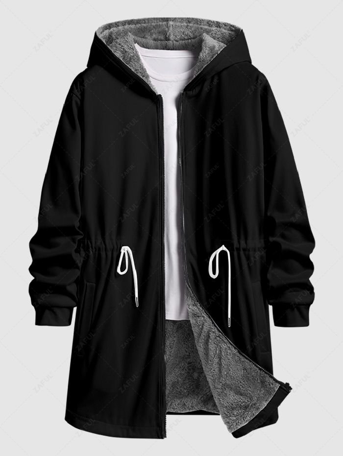 Men's Casual Solid Color Drawstring Waisted Zip Fly Fleece-lined Hooded Long Coat - Black S
