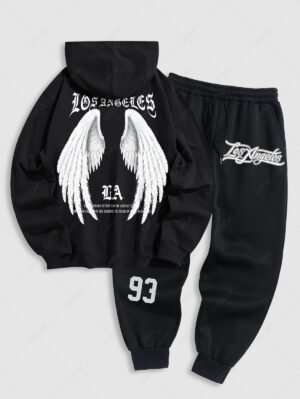 Men's Letter Slogan Wings Pattern Kangaroo Pocket Pullover Hoodie And Drawstring Jogger Sweatpants Set - Black