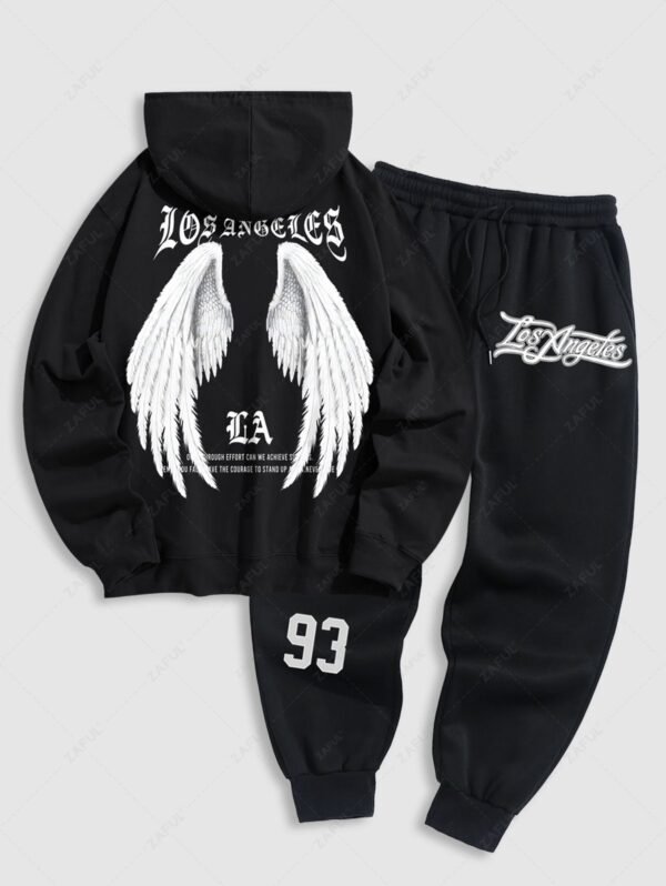 Men's Letter Slogan Wings Pattern Kangaroo Pocket Pullover Hoodie And Drawstring Jogger Sweatpants Set - Black
