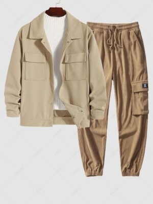 Men's Flap Pocket Button Front Turndown Collar Faux Woolen Jacket And Multi Pockets Patch Design Drawstring Corduroy Cargo Jogger Pants Set - Light Coffee