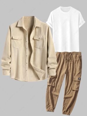 Alternative view of Men's Thicken Terry Cloth Flap Pocket Design Single-breasted Shacket And Round Neck Short Sleeve T Shirt And Multi Pockets Patch Design Drawstring Corduroy Cargo Jogger Pants Set - Light Coffee