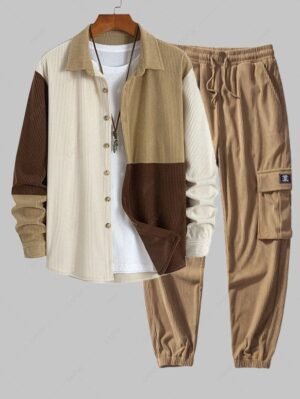 Men's Casual Colorblock Button Up Long Sleeves Corduroy Shirt And Multi Pockets Patch Design Drawstring Cargo Jogger Pants Set - Light Coffee