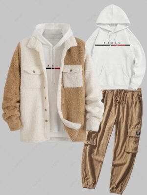 Men's Colorblock Fluffy Fleece Front Double Pocket Button Jacket And Letter Pattern Pullover Hoodie And Patch Design Drawstring Corduroy Cargo Jogger Pants Set - Light Coffee
