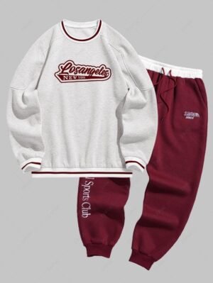 Men's Colorblock Letter Pattern Fuzzy Fleece-lined Crew Neck Pullover Sweatshirt And Letter Embroidery Drawstring Jogger Pants Set - Deep Red