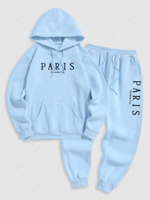Alternative view of Men's Casual Letter PARIS Romantic City Pattern Fuzzy Fleece-lined Kangaroo Pocket Design Pullover Hoodie And Drawstring Jogger Sweatpants Set - Light Blue