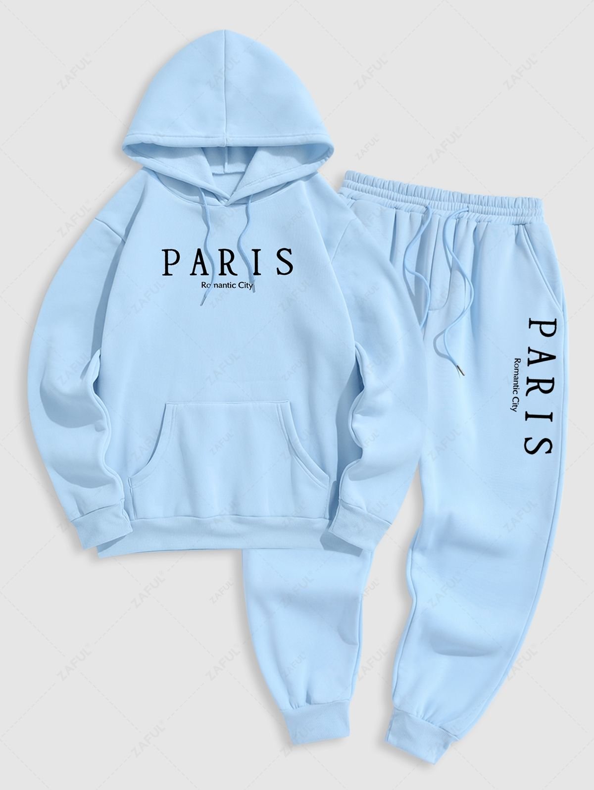 Men's Casual Letter PARIS Romantic City Pattern Fuzzy Fleece-lined Kangaroo Pocket Design Pullover Hoodie And Drawstring Jogger Sweatpants Set - Light Blue - Image 2