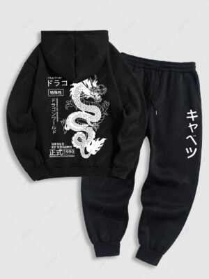 Men's Chinese Characters Dragon Japanese Letter Number Graphic Pattern Fuzzy Fleece-lined Kangaroo Pocket Design Pullover Hoodie And Drawstring Jogger Sweatpants Set - Black