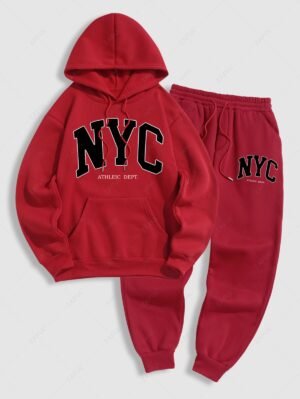 Alternative view of Men's Casual Letter NYC Pattern Fuzzy Fleece-lined Kangaroo Pocket Design Pullover Hoodie And Drawstring Jogger Sweatpants Set - Red