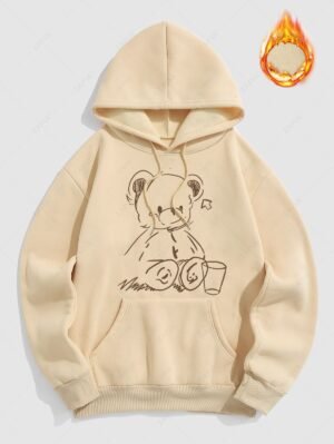 Men's Casual Bear Pattern Fuzzy Fleece-lined Kangaroo Pocket Design Pullover Hoodie - Light Coffee S